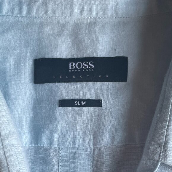 BOSS Hugo Boss Light Blue Button-Down Linen Shirt. Slim  Size: XL - Picture 15 of 15